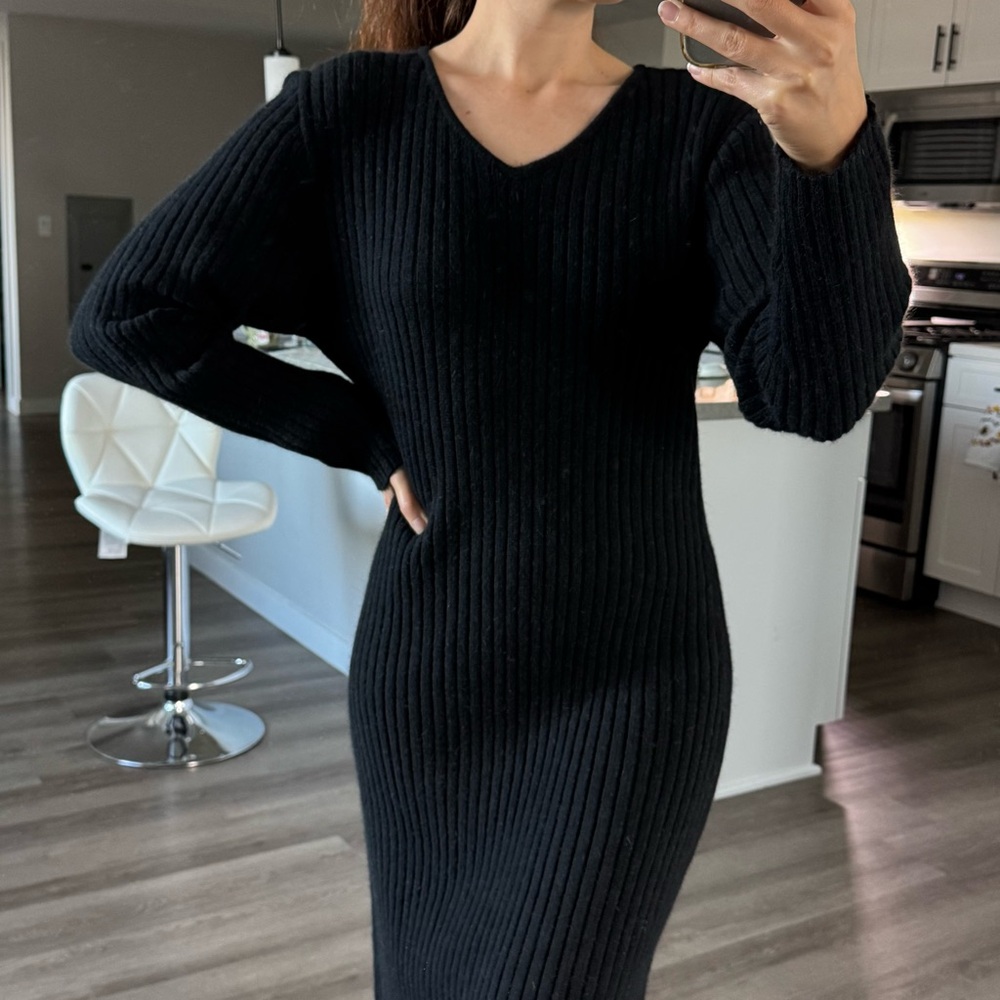 Newport News Lambswool Angora Maxi Sweater Dress Black Ribbed Long Sleeve Size M